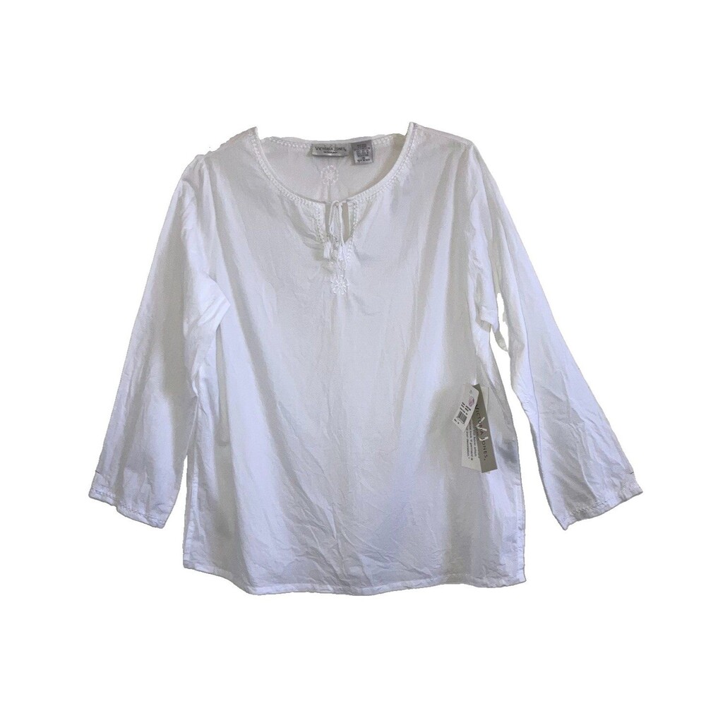 VICTORIA JONES 1X 100% Cotton Solid White Embroidered Tunic Blouse Long Sleeve